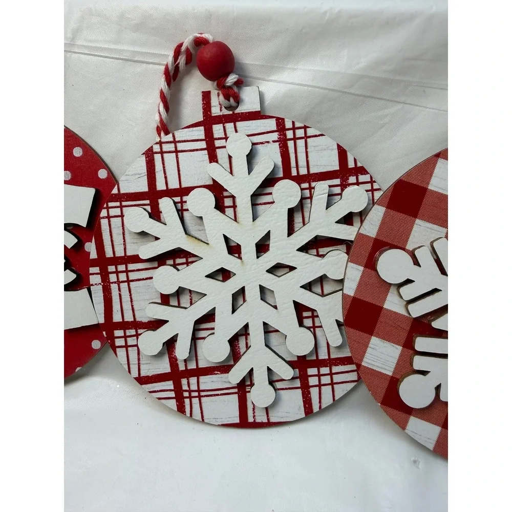 4pc Red White Wooden Snowflake Christmas Ornaments Plaid Polka Dot Striped Decor